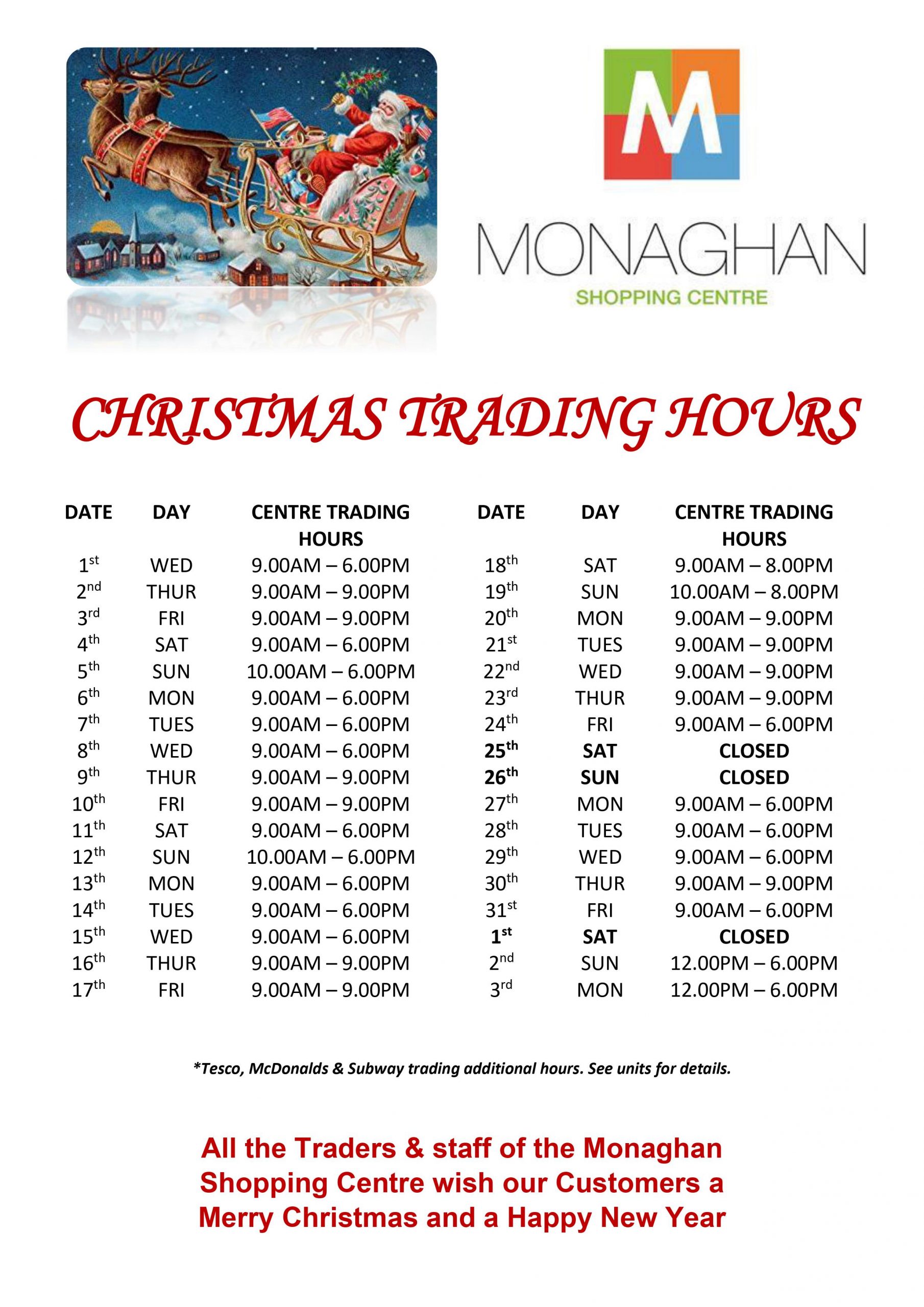 CHRISTMAS TRADING HOURS « Monaghan Shopping Centre